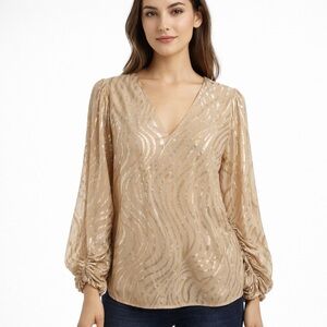Gold Foil Ruched Sleeve Party Blouse V Neck ADRIENNE Size Small